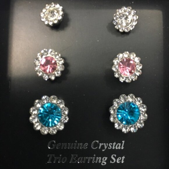 Post Earrings Pierced Genuine Crystal Trio Earring Set Post Earrings 3 Pair - Picture 1 of 6